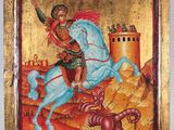 an image of a painting of a man on a horse with a dragon