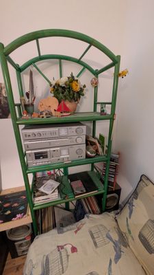 a bed with a green frame and a book shelf on top of it
