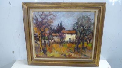 une peinture à l'huile représentant une scène de ferme avec une maison à l'arrière-plan