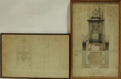 deux dessins encadrés représentant une tour horloge et un dessin représentant un escalier