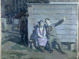 une peinture représentant un homme et une femme assis sur un banc