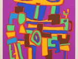 an abstract painting of a robot on a purple background