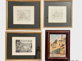 trois photos encadrées représentant des bâtiments et une horloge accrochée au mur