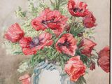 a painting of red flowers in a vase on a table