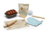 a wooden play set with bread, doughnuts, and a rolling pin