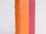 orange and pink book sitting on a white surface with a white background
