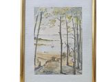 aquarelle représentant une scène de plage avec des arbres et un bateau