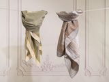 two towels hanging on a clothes line with a wall in the background