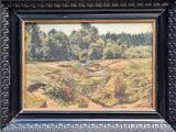 framed oil painting of a landscape of a field and trees