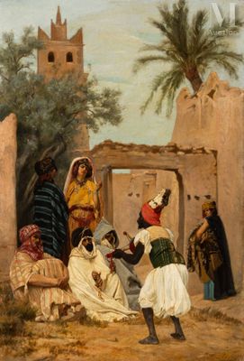 une image représentant un tableau où l'on voit un groupe de personnes devant un bâtiment