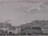 drawing of a view of a town with a river running through it