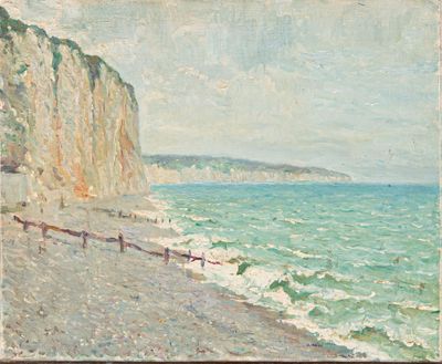 an image of a painting of people walking on a beach near the ocean