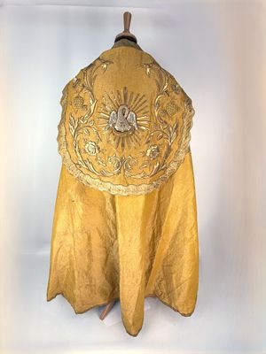 an image of a yellow cape with a gold flower design on it