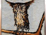 peinture représentant un hibou perché sur une branche d'arbre, sur laquelle figure une citation
