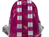pink backpack with silver straps and a bow on the front