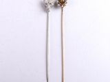 pair of crystal and gold tone hair pins on a white background
