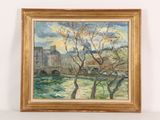 an oil painting of a landscape with trees and a bridge