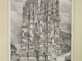 an old black and white drawing of a cathedral with a clock tower