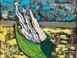 une image représentant une peinture d'une feuille verte sur fond jaune