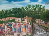 un tableau représentant un groupe de personnes dans un village