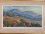 an oil painting of a landscape with mountains in the background