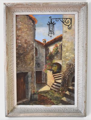an oil painting of a street scene with steps leading to a building
