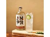 une bouteille de gin à côté d'un verre contenant un concombre