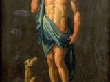 an image of a painting of a man with a dog