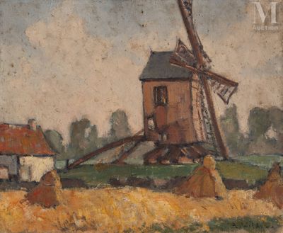 une image représentant un tableau d'un moulin à vent dans un champ