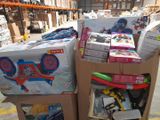 boxes of toys are stacked on top of each other in a warehouse