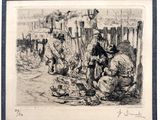 une image représentant un dessin d'un groupe d'hommes assis par terre