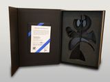 a black box with a black and blue design inside of it