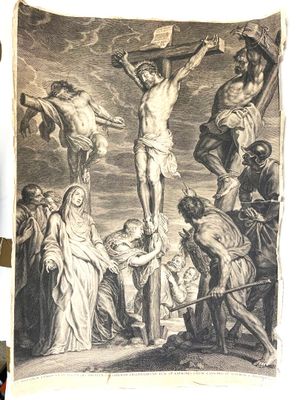 a drawing of jesus on the cross with other people