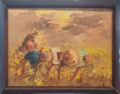 une peinture représentant un groupe de personnes travaillant dans un champ