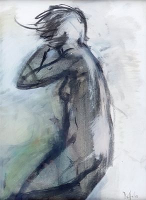 tableau représentant un homme avec une planche de surf appuyée contre un mur