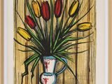 tableau représentant un vase rempli de fleurs posé sur une table