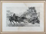 an old picture of a horse drawn carriage being pulled by two men