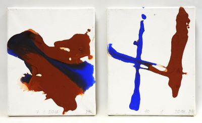 two paintings of blue and red paint on a white surface