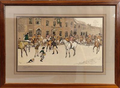 tableau représentant un groupe d'hommes à cheval devant un bâtiment