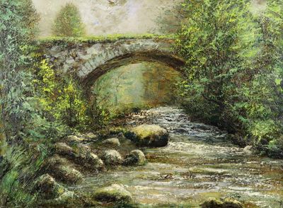 un tableau représentant un pont enjambant un ruisseau dans les bois