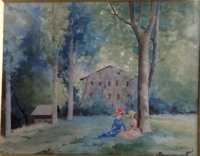 a painting of two people sitting under a tree