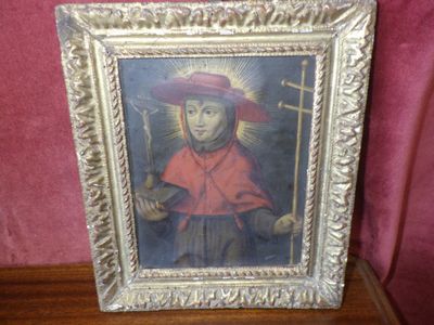painting of a woman in a red hat and red coat holding a cane