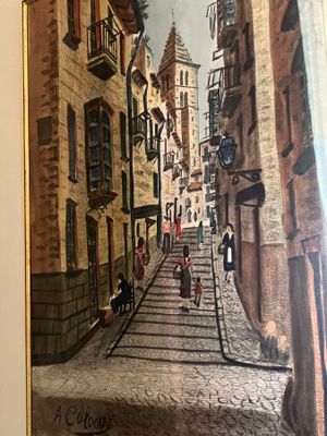 a painting of a street scene with people walking down it