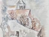 une image représentant une aquarelle d'une église avec un clocher