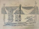 dessin représentant un homme debout au sommet d'une structure en bois