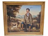 tableau représentant un homme assis sur un banc à côté d'un chien