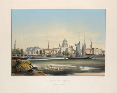 tableau représentant une vue de ville avec de grands immeubles et un plan d'eau