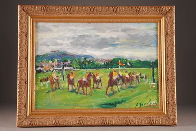 an oil painting of a group of people riding horses in a field