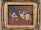 an image of a painting of three kittens on a red floor