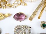 many different types of brooches and jewelry on the table